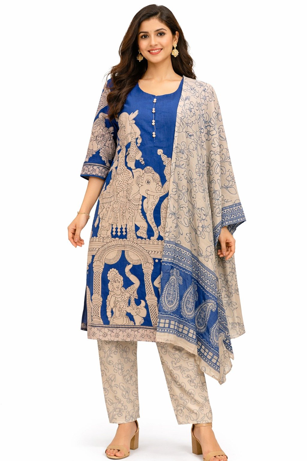 PURE COTTON PENKALAMKARI KURTIS  SET